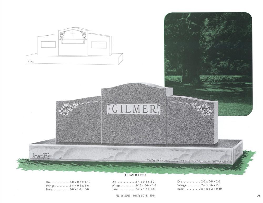 An example of a grey granite double upright monument headstone. Flowers are carved on both sides. Various numbers are below, but are for the companies reference use only.