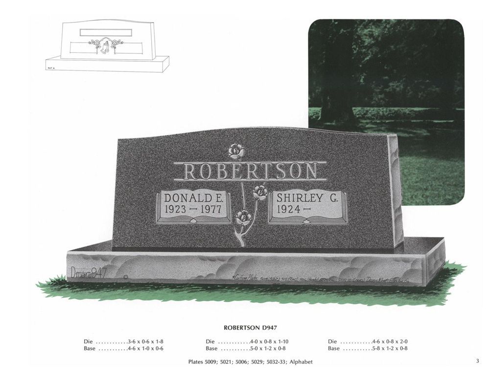 An example of a grey granite double upright monument headstone. Various numbers are below, but are for the companies reference use only.