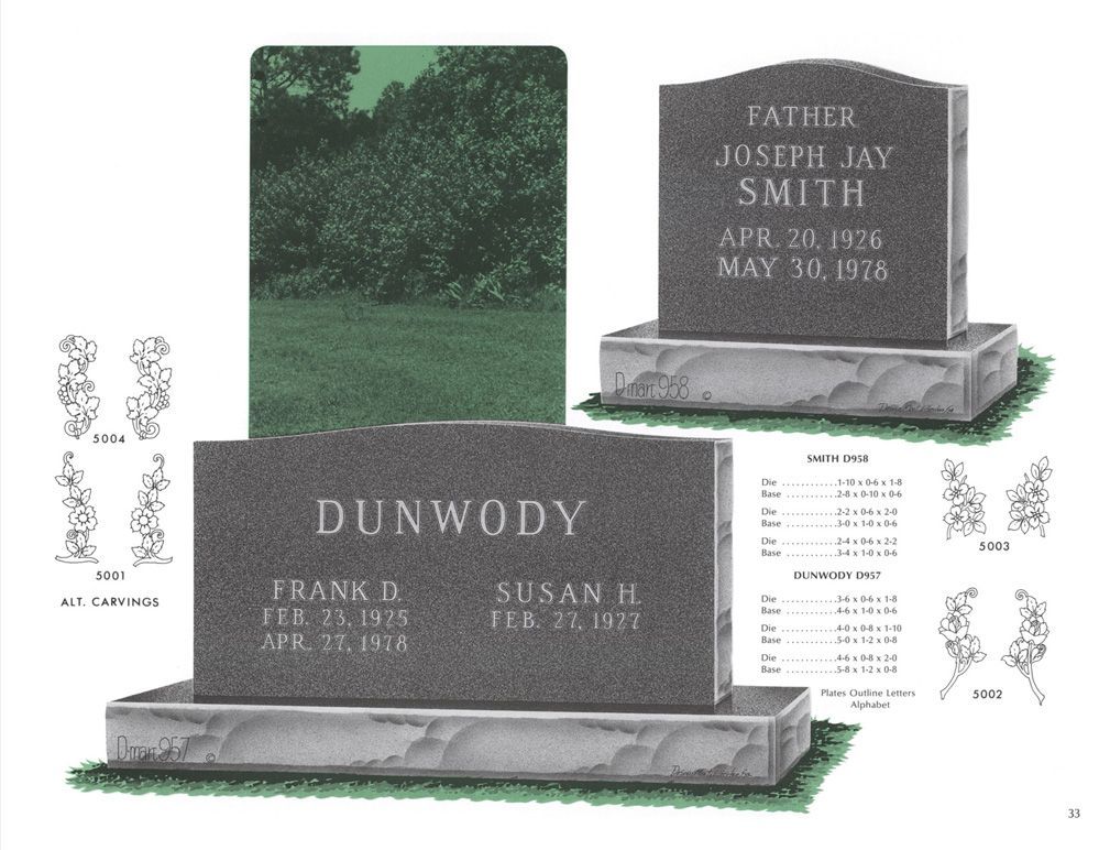 An example of a grey granite double upright monument headstone. Various numbers are below, but are for the companies reference use only.