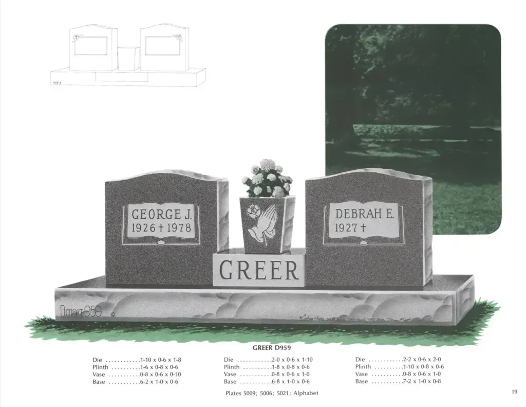 An example of a grey granite double upright monument headstone a flower vase built into the center. Various numbers are below, but are for the companies reference use only.