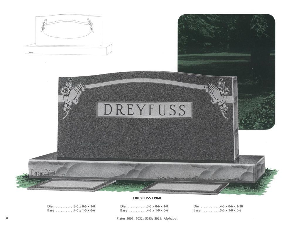 An example of a grey granite double upright monument headstone. Praying hands are carved on both sides. Various numbers are below, but are for the companies reference use only.