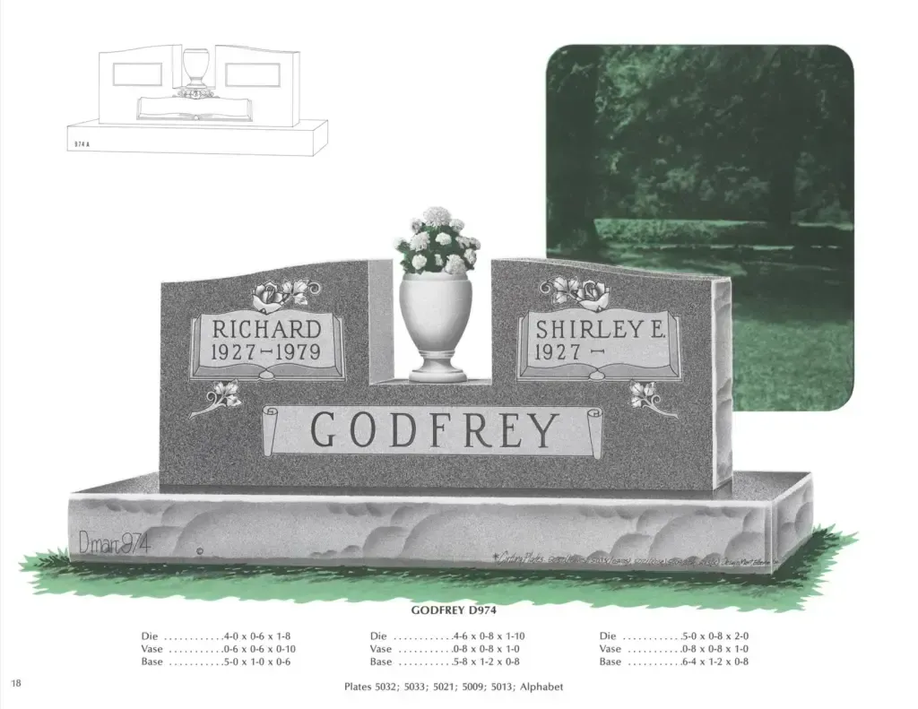 An example of a grey granite double upright monument headstone. A white vase holds white flowers at the middle section of the stone. A space is carved in the stone to have a place to set the vase. Various numbers are below, but are for the companies reference use only.