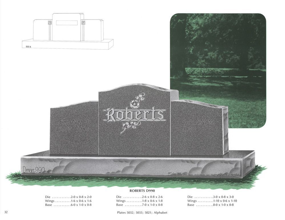 An example of a grey granite double upright monument headstone. Various numbers are below, but are for the companies reference use only.