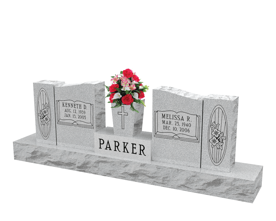 An example of a double upright monument in light grey almost white granite shown with a flower holder in the middle that is holding white and red flowers.