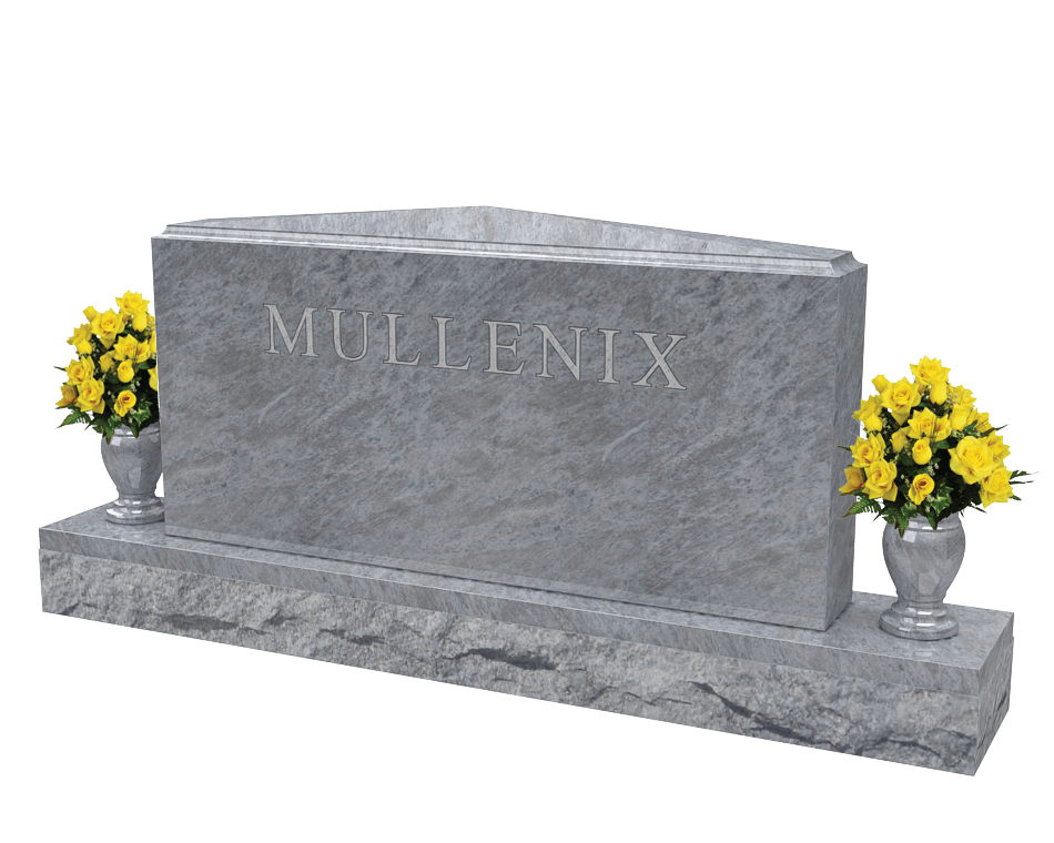 An example of a double upright monument in light grey granite shown with yellow flowers in vases on both sides.