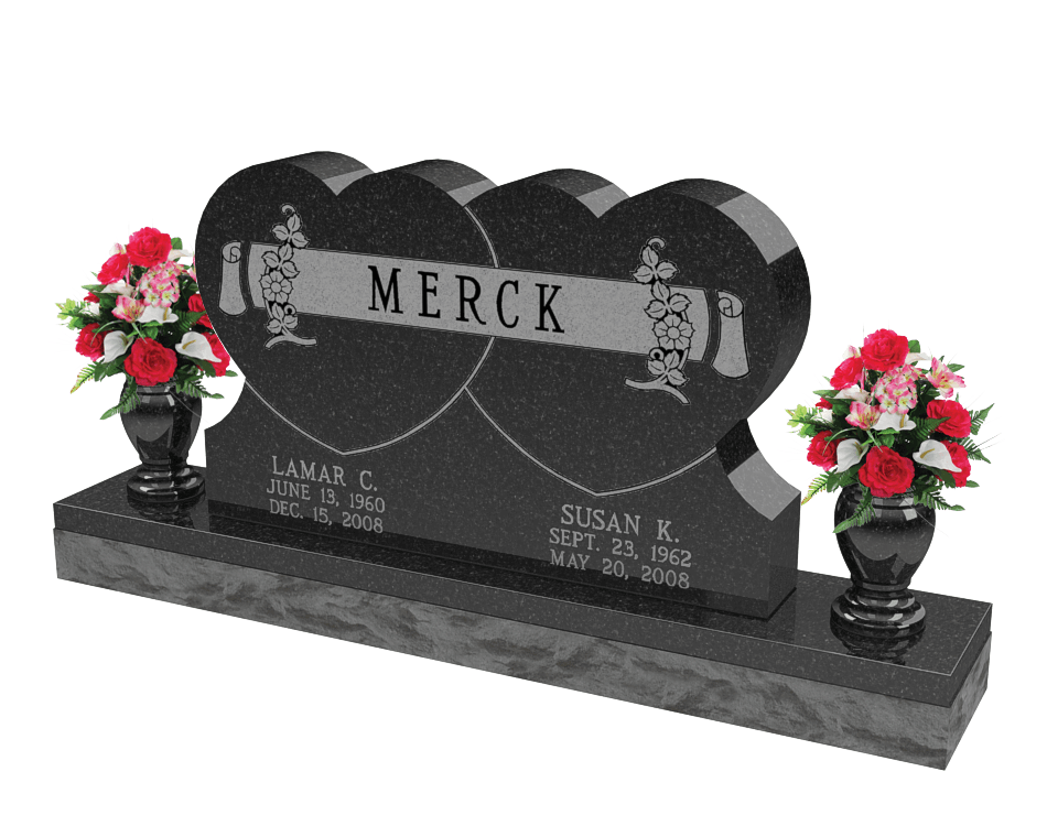 An example of a double upright monument this one is carved into the shape of two hearts joined together in a black granite shown with red and white flowers in vases on both sides.