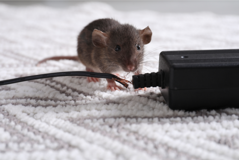 A picture of a rat chewing on electrical wiring