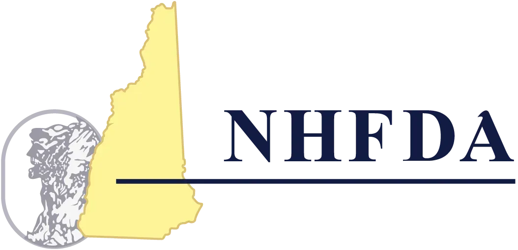 Logo with a yellow map of New Hampshire, a gray oval with a person and text 