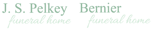 Logos for J.S. Pelkey and Bernier funeral homes, both in light green script.
