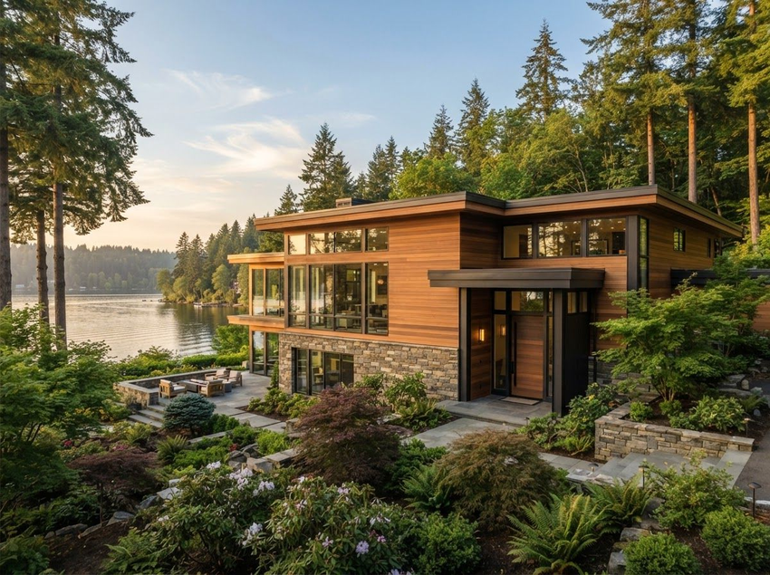 Modern wooden lakeside house surrounded by pine trees at sunset