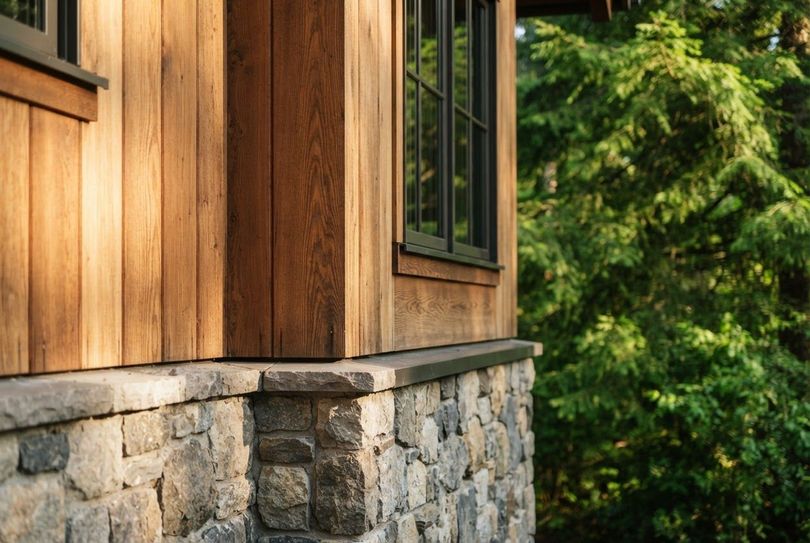 Wood and stone exterior wall of a rustic cabin beside green trees