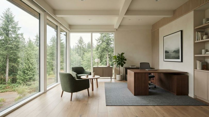 Modern living room with floor-to-ceiling windows, green chairs, wooden desk, and forest view
