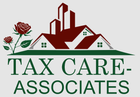 Tax Care Associates logo with red houses, green rose, and dark green text
