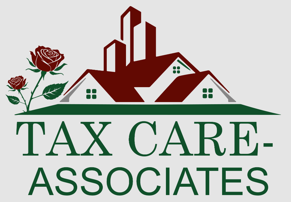 Tax Care Associates logo with red houses, green rose, and dark green text