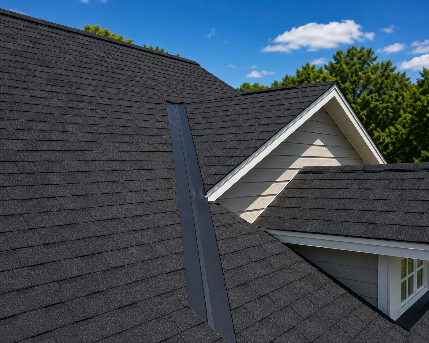 Dark gray shingled roof with a black metal valley flashing and a white gable against a blue sky.