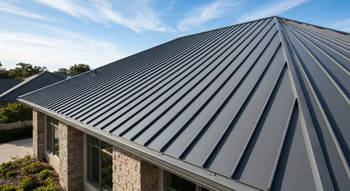 Dark gray metal roof with standing seams on a brick building under a clear sky.