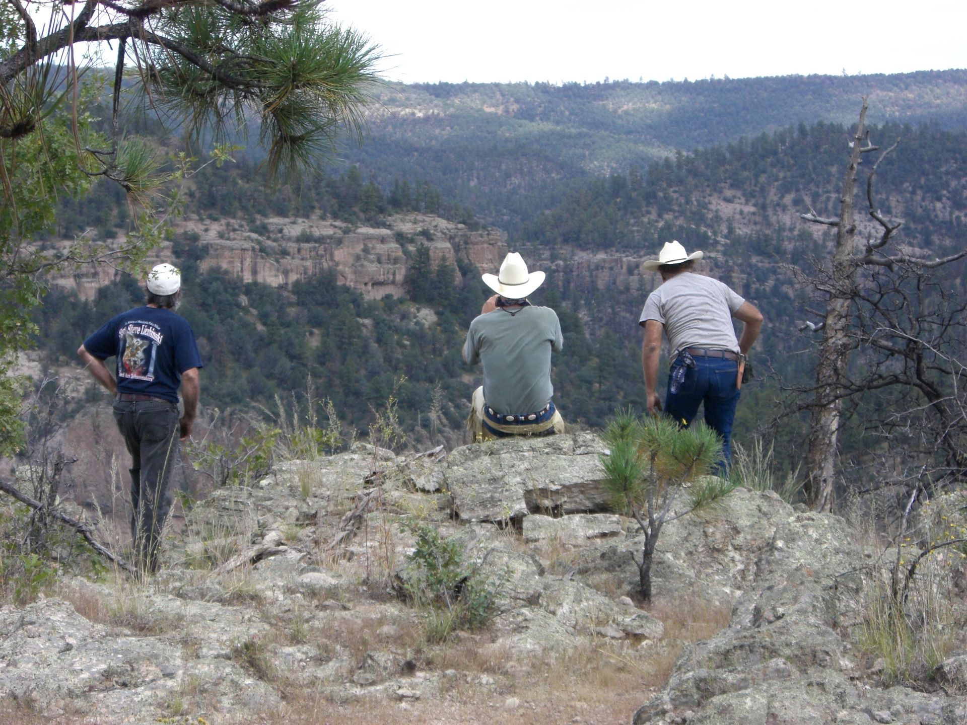Three hikers sit on a rocky overlook above a forested canyon, facing the distant cliffs.