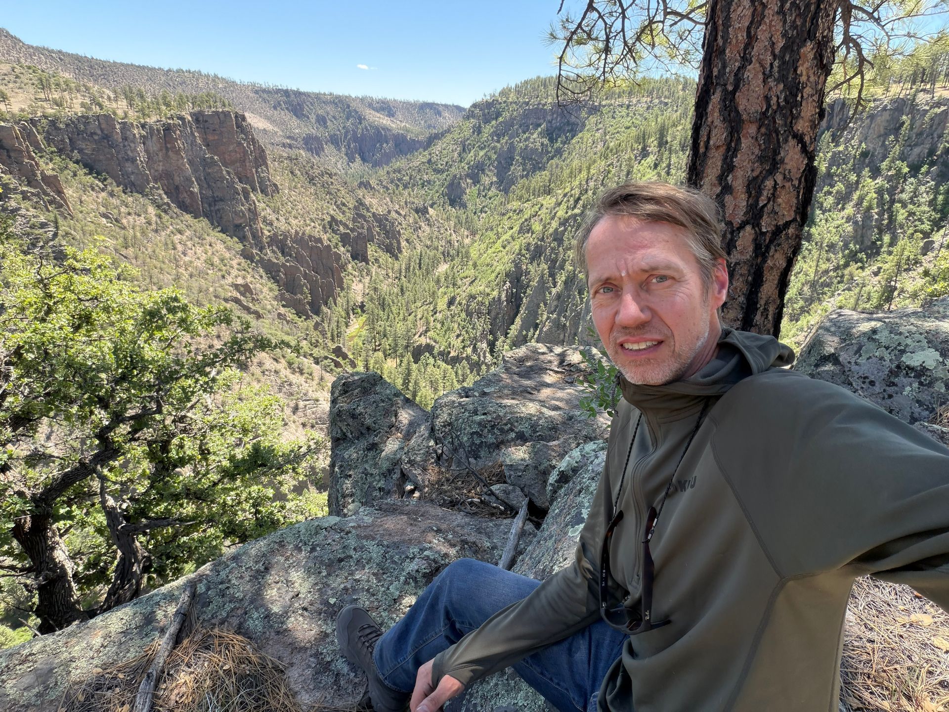 Man sitting on a rocky overlook with a forested mountain canyon in the background.