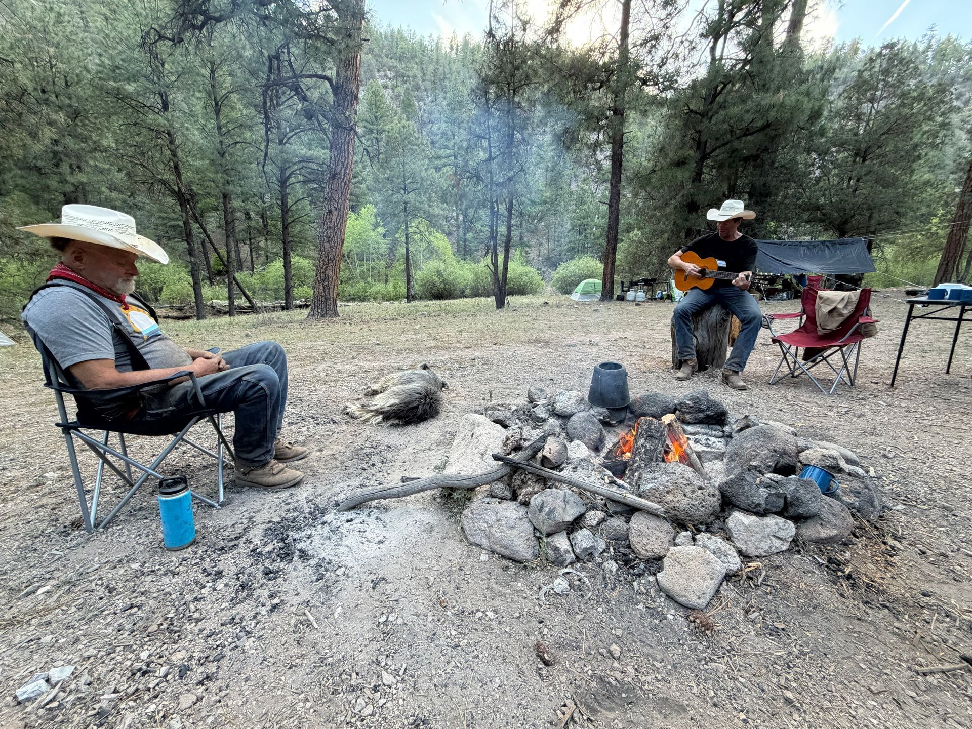 People sitting by a campfire in a wooded outdoor clearing, one playing guitar.