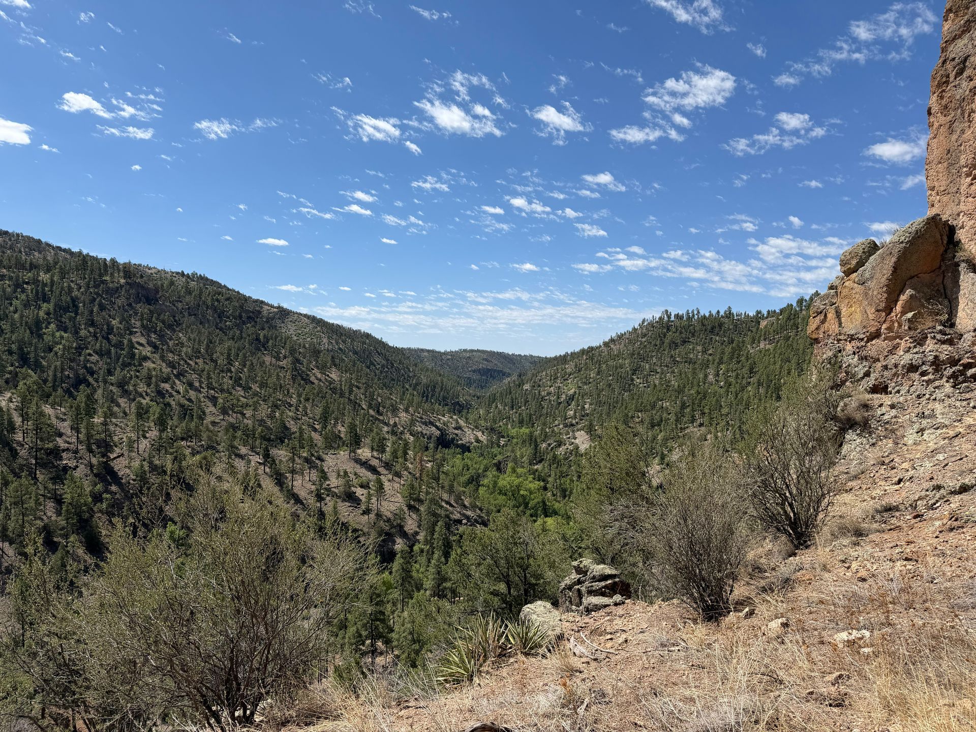Desert canyon landscape with rocky cliffs, green hills, and a blue sky with scattered clouds