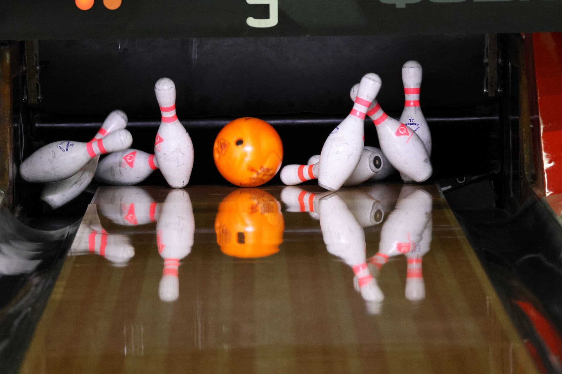 Bowling Lane With Scattered White Pins and an Orange Ball Near the PIN Deck — Orange Tenpin Bowl in Orange, NSW