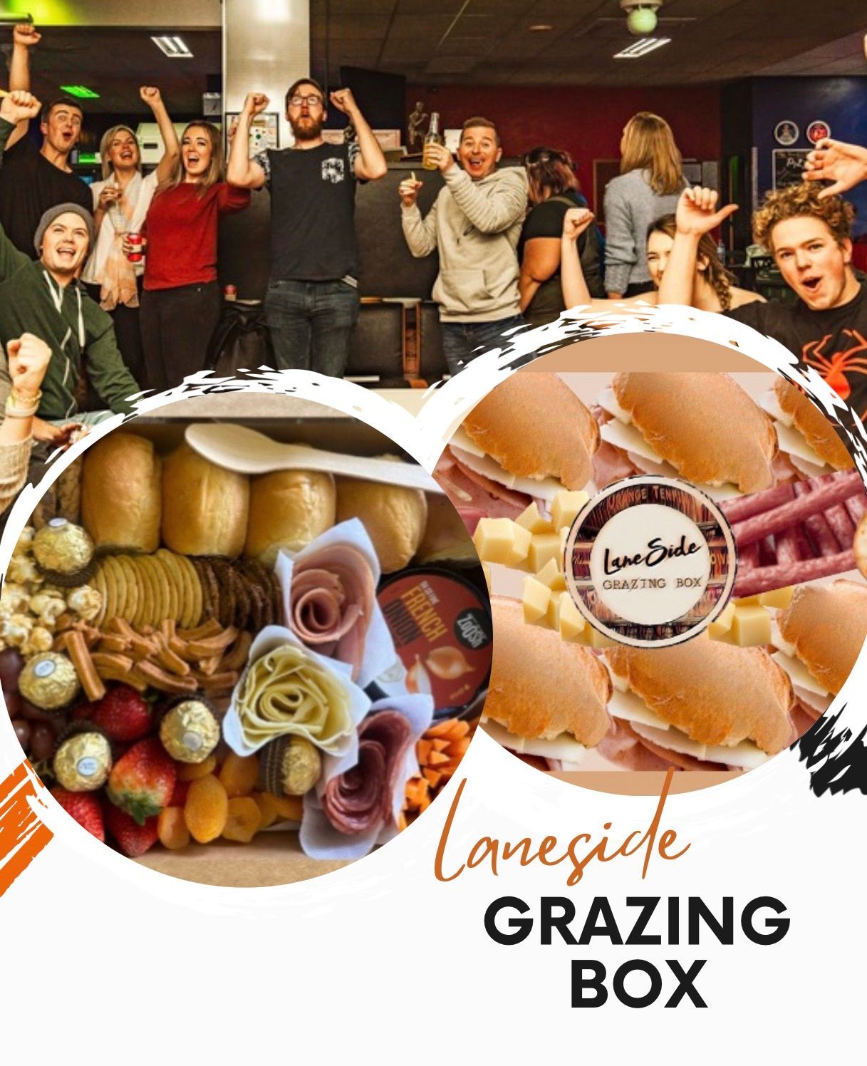 People cheering above grazing box food close-ups with “Laneside Grazing Box” text