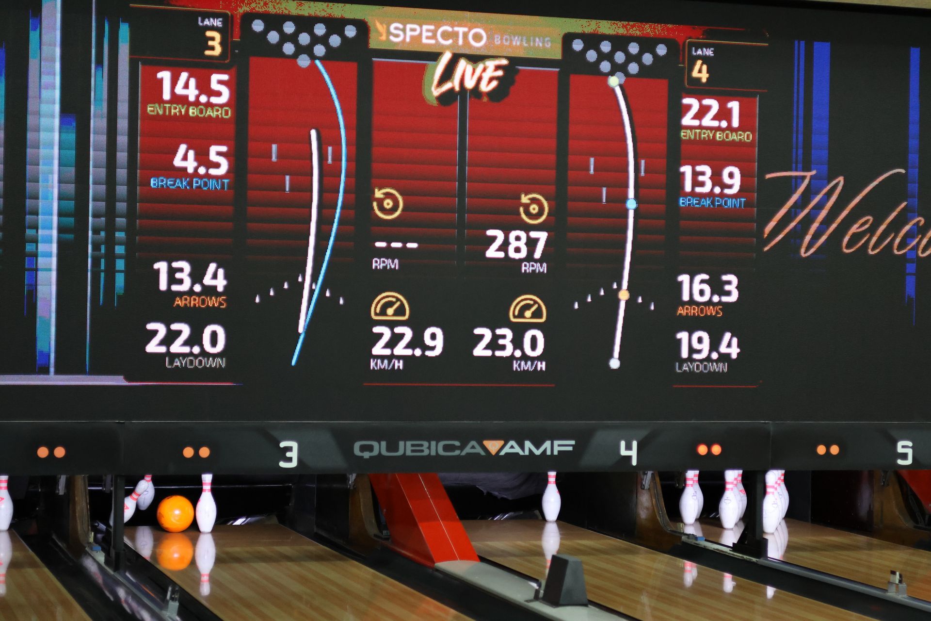 Bowling Alley Scoring Screen Showing Lane Stats and PIN Counts Above the Lanes — Orange Tenpin Bowl in Orange, NSW