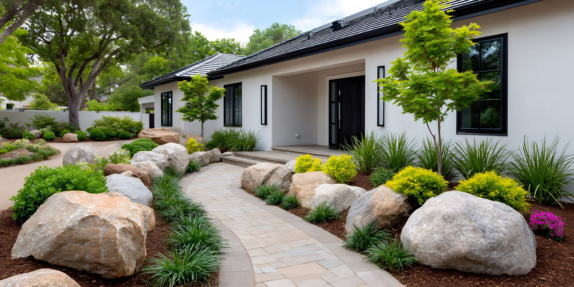 Modern white home with landscaped stone walkway, boulders, and lush greenery.