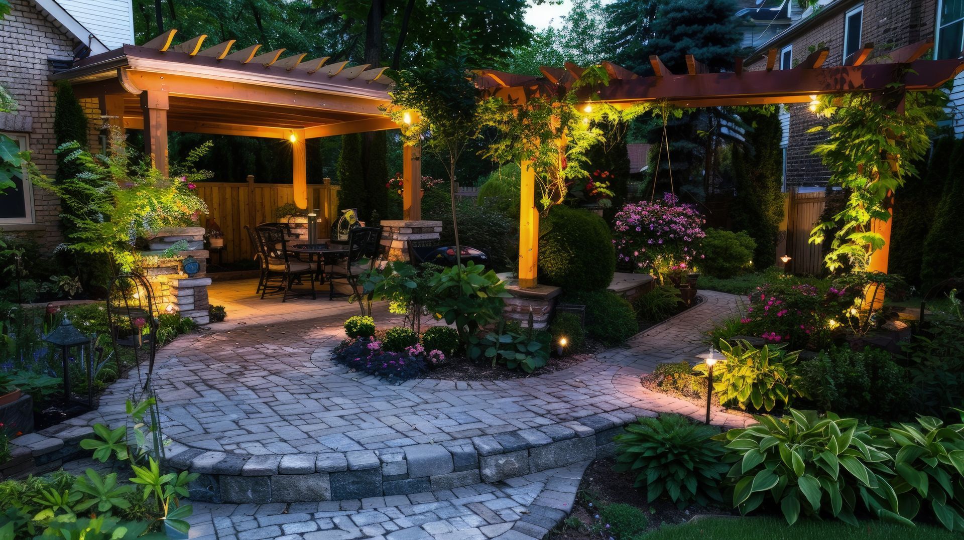 Professional residential hardscaping services featuring a lit stone patio and custom pergolas.