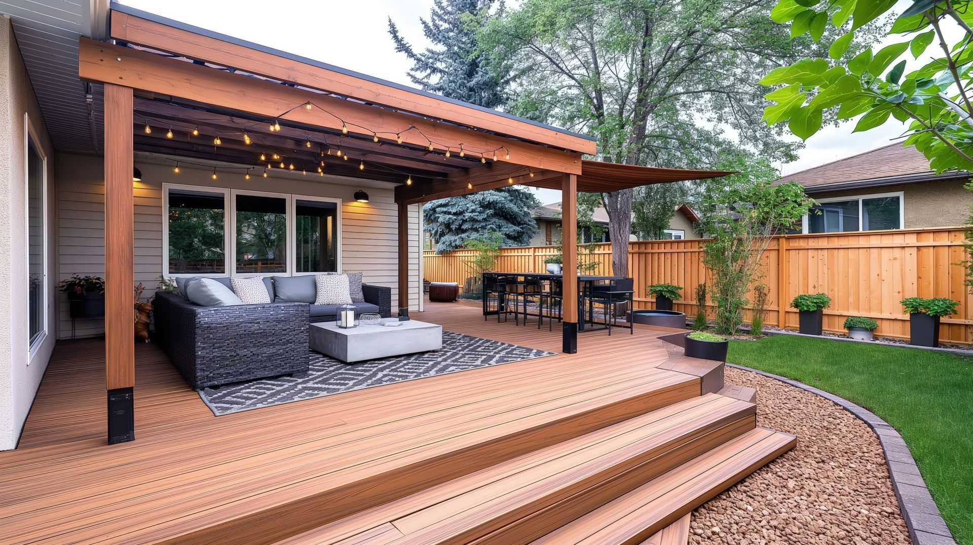 Backyard wooden deck with pergola, string lights, outdoor seating, and landscaped yard. Backyard wooden deck with pergola, string lights, outdoor seating, and landscaped yard.
