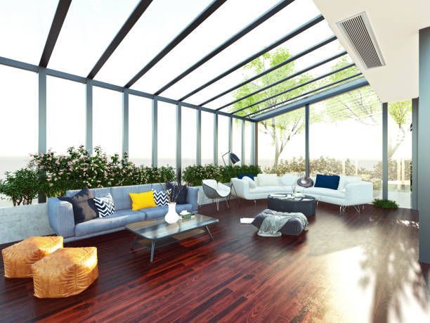 3d render of sunroom design with a pergola balcony room.