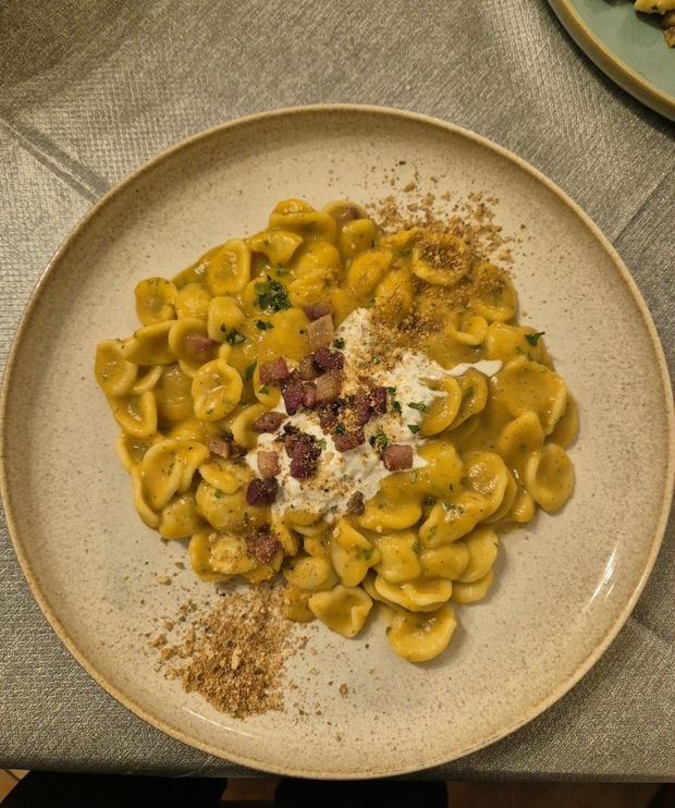 Pasta a conchiglia cremosa servita in una ciotola beige, guarnita con erbe aromatiche, formaggio e pangrattato.