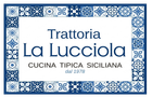 Insegna in piastrelle blu e bianche per la Trattoria La Lucciola, con la scritta 