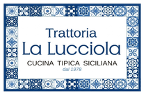 Insegna in piastrelle blu e bianche per la Trattoria La Lucciola, con la scritta