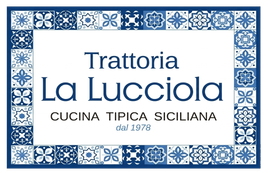 Insegna in piastrelle blu e bianche per la Trattoria La Lucciola, con la scritta 