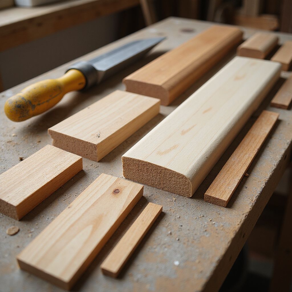 Woodworking bench with cut wooden boards and a hand saw on a dusty work surface
