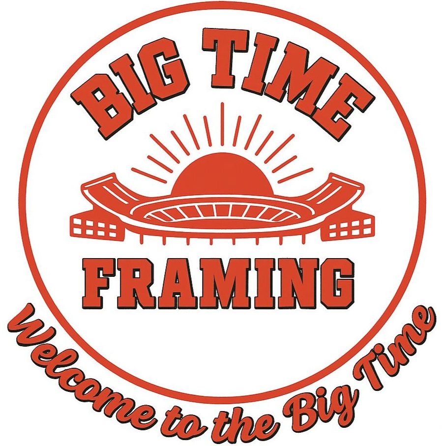 Big Time Framing logo with orange sunset and stadium graphic, plus “Welcome to the Big Time” text