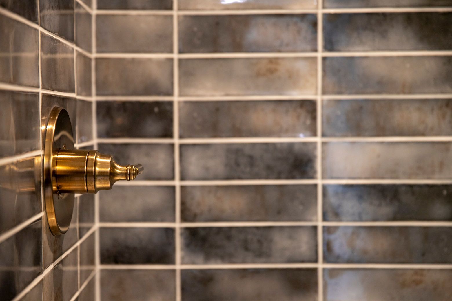 Contemporary bathroom design featuring gold fixtures and a patterned shower tile.