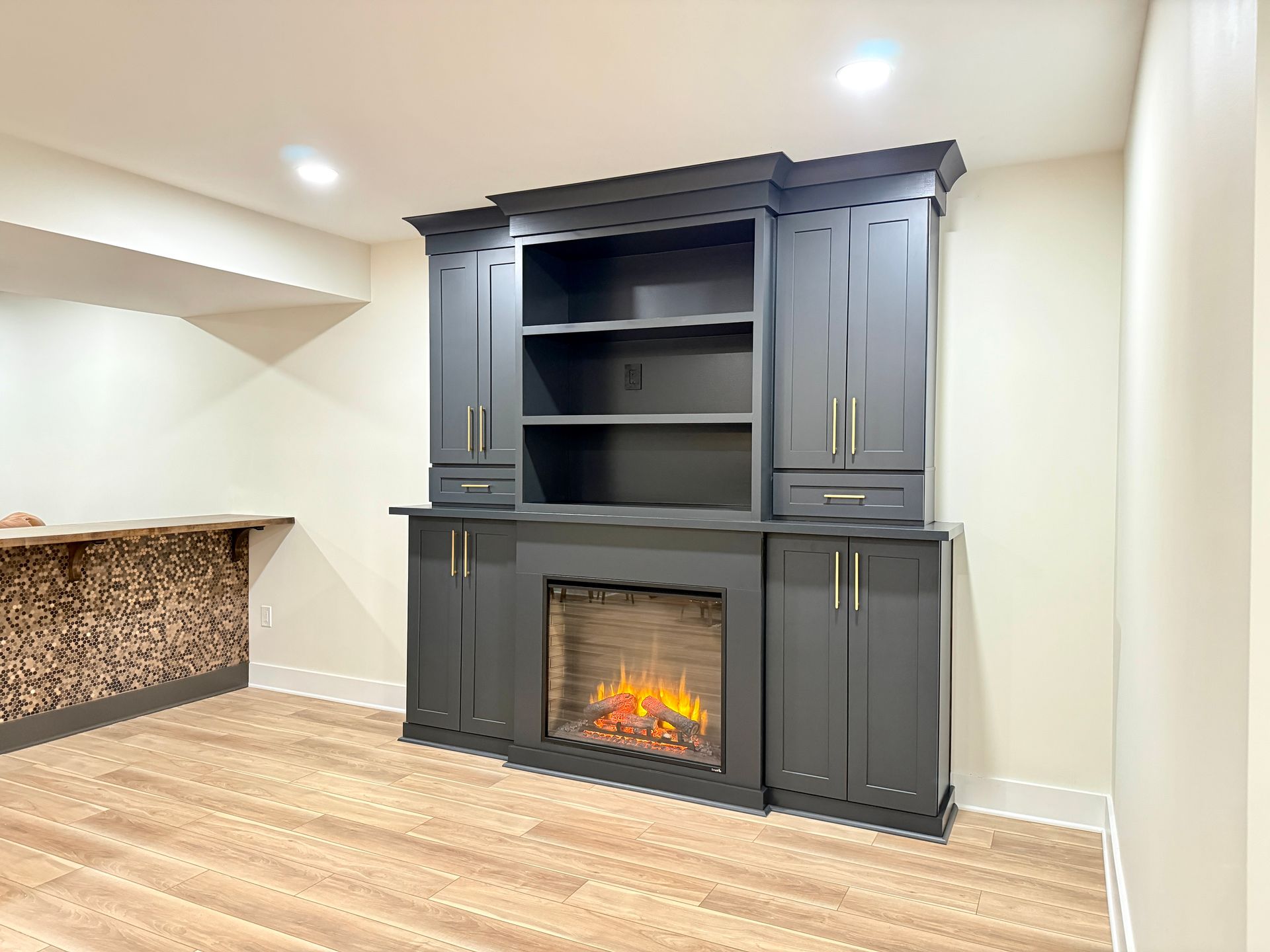 Professional drywall finishing and painting for custom basement walls.