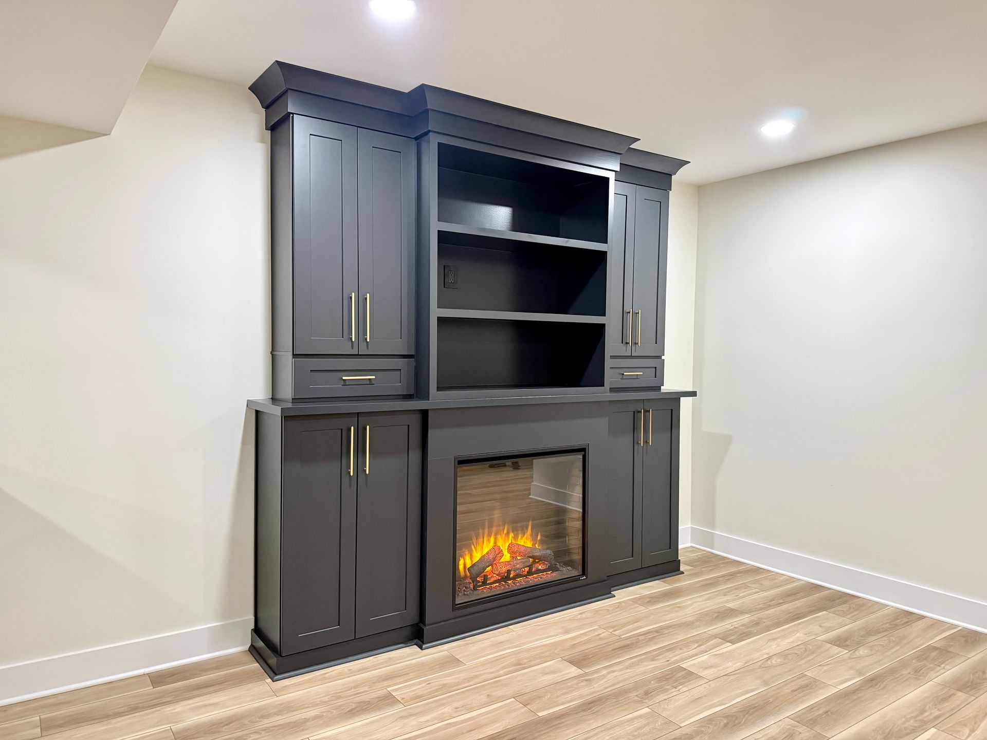 Custom built-in shelving and base cabinets for basement storage.