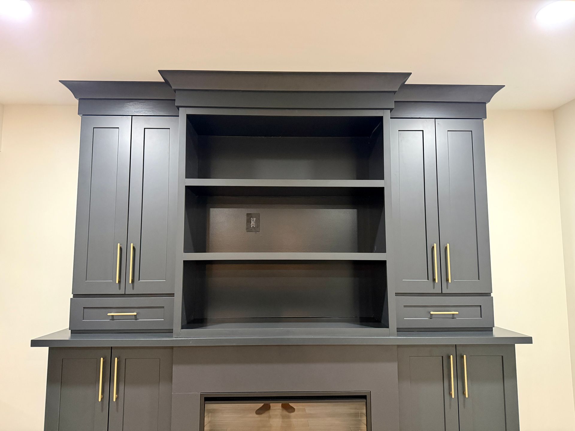 High-end basement social bar construction with butcher block finish.