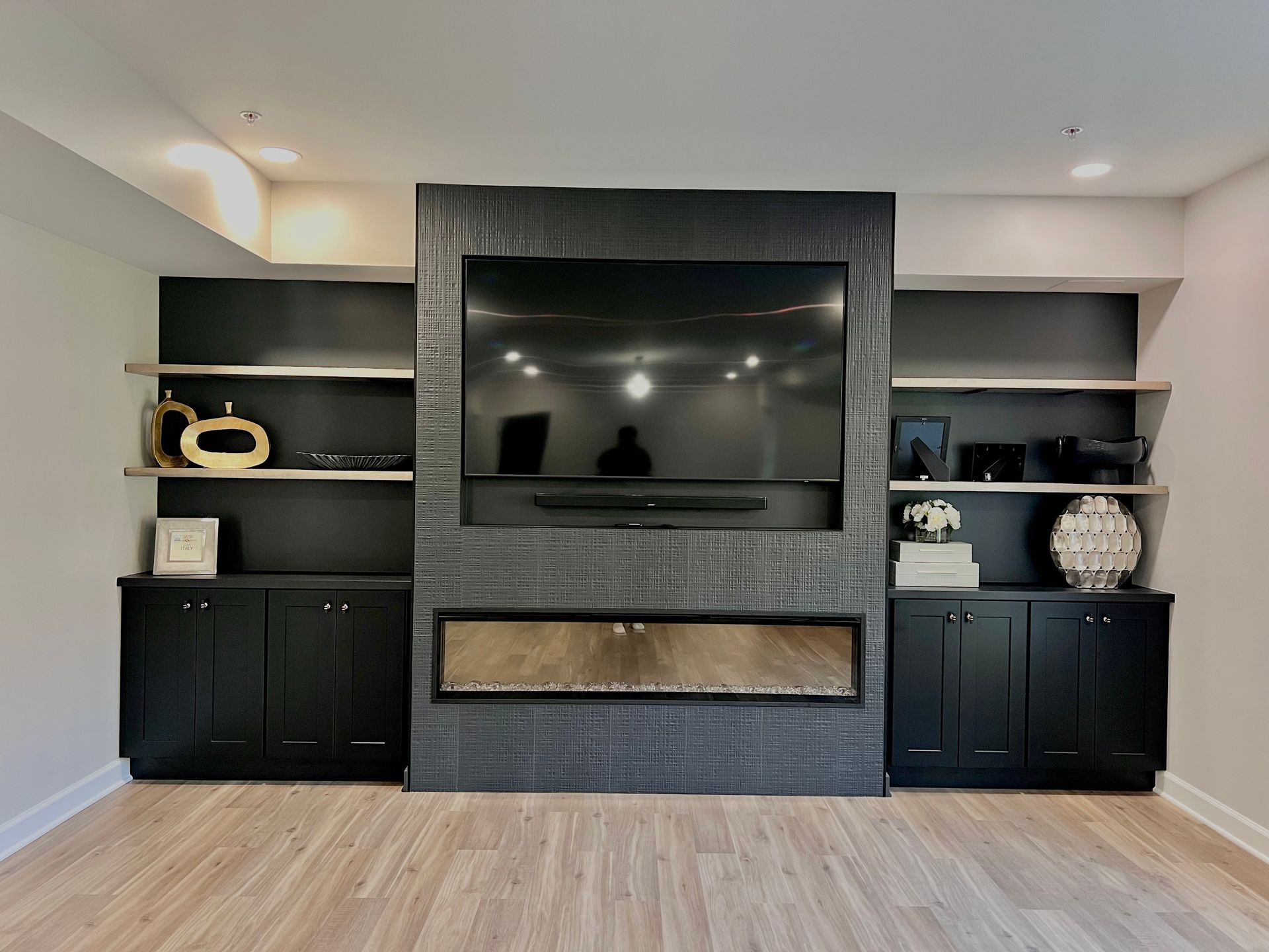 Custom Media Wall Construction in Ellicott City MD Basement.