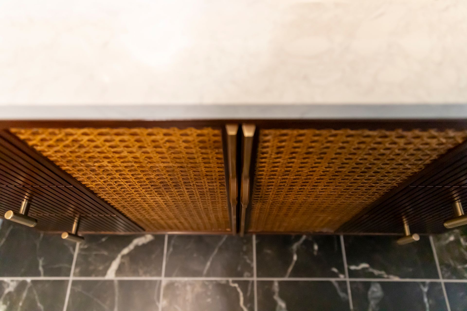 Modern organic style bathroom remodel blending warm wood tones with crisp finishes