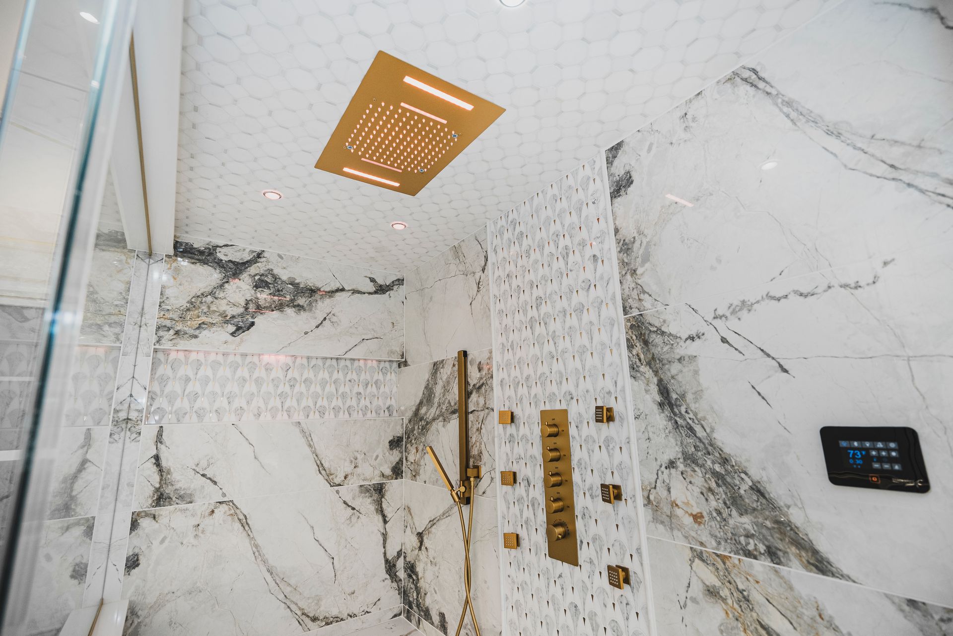 Digital steam shower control panel for a modern home spa experience.