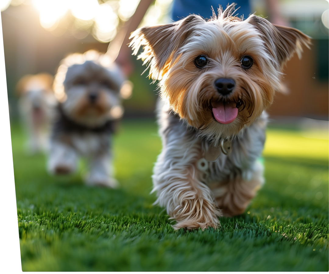 A dog is running towards a purple frisbee