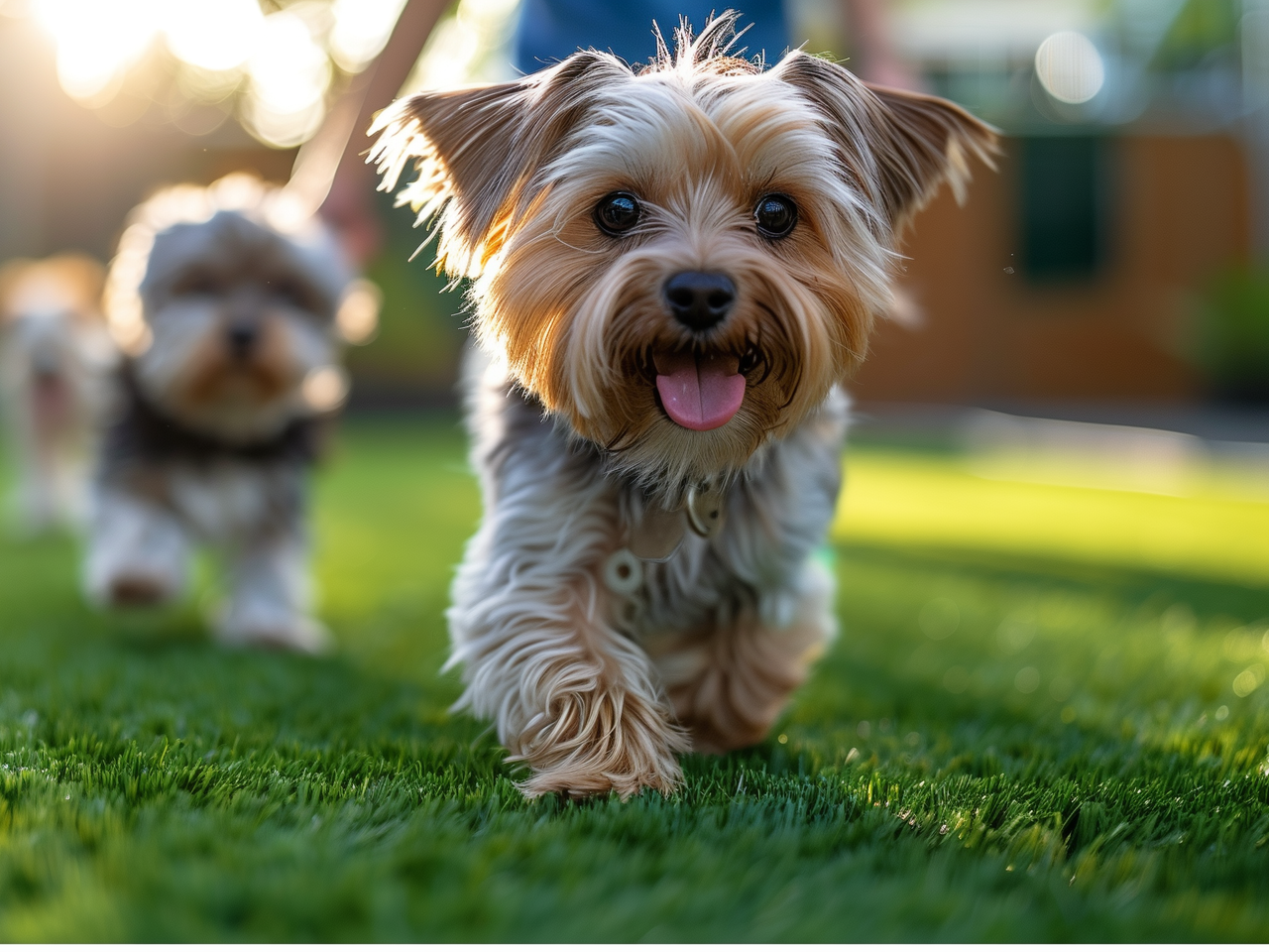 A dog is running towards a purple frisbee