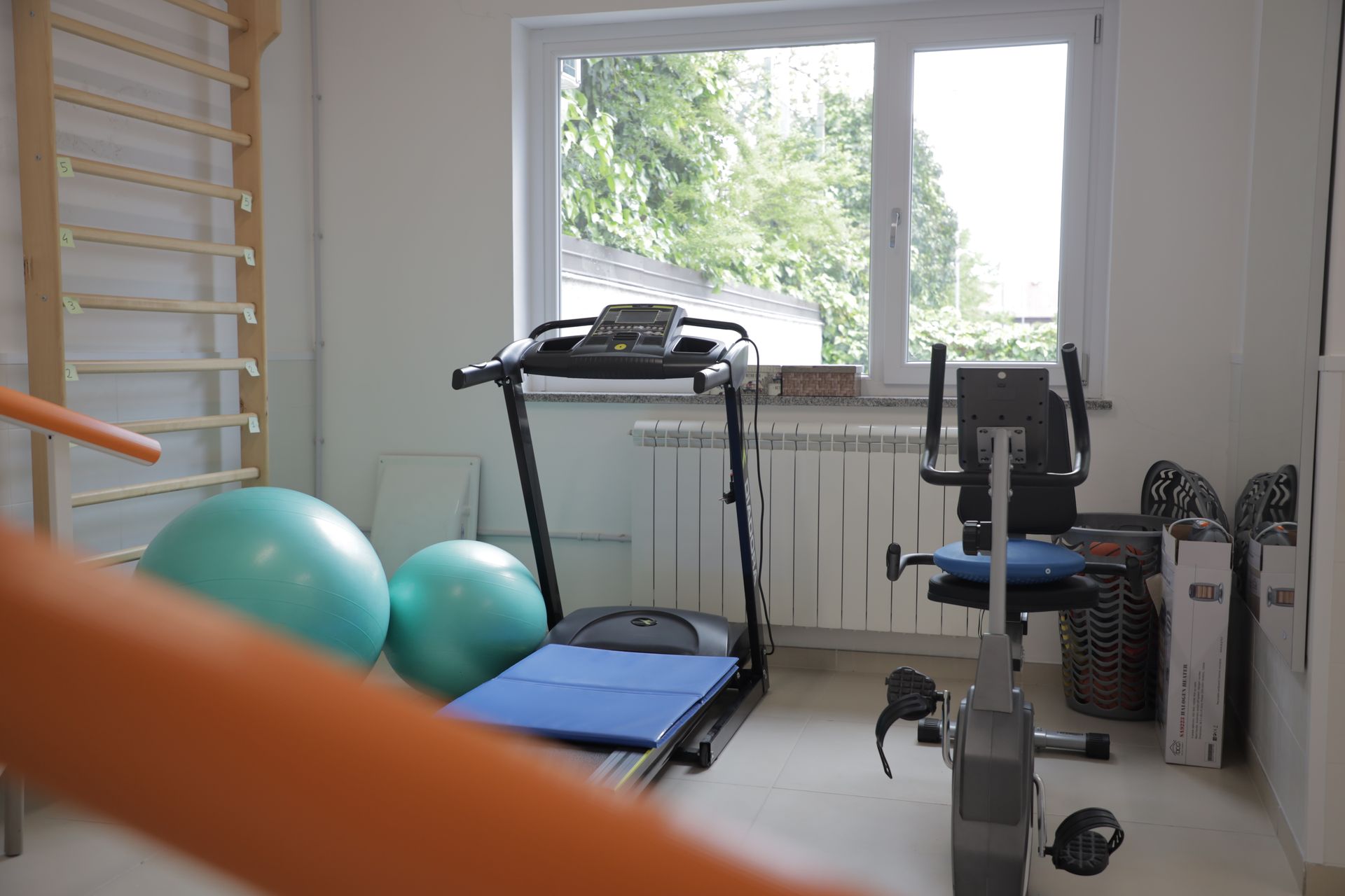 Una piccola sala fitness con tapis roulant, cyclette, due palle per esercizi di equilibrio e una scaletta a muro.