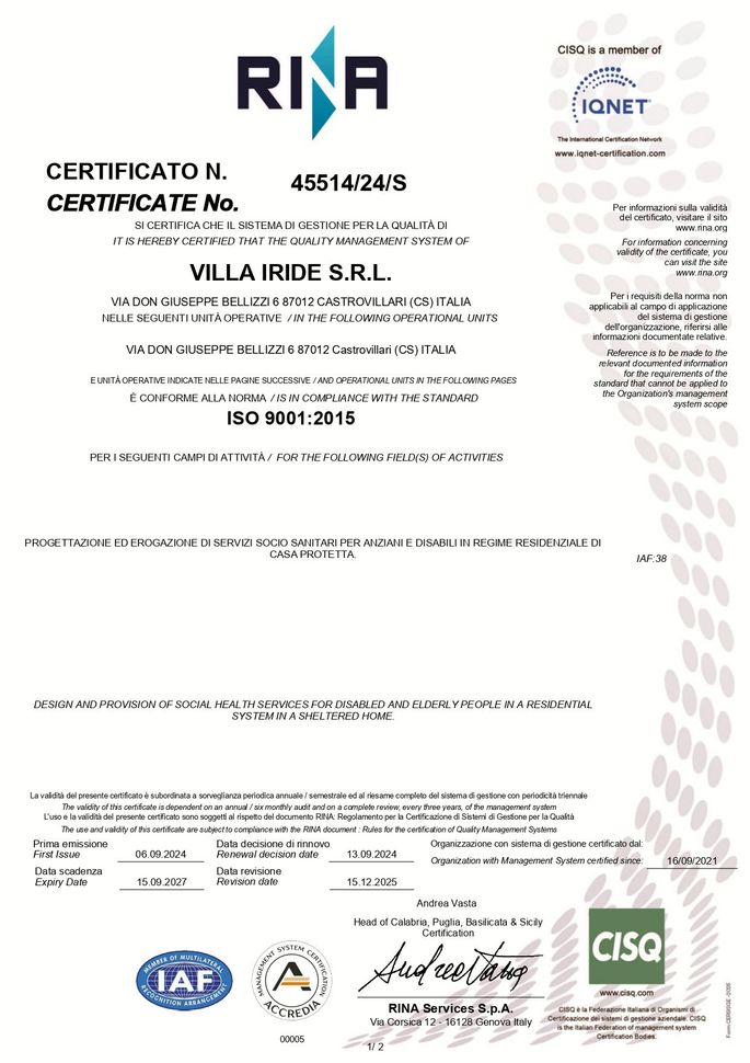 Certificato RINA ISO 9001:2015 per Villa Iride SRL con timbri ufficiali, firme e date.