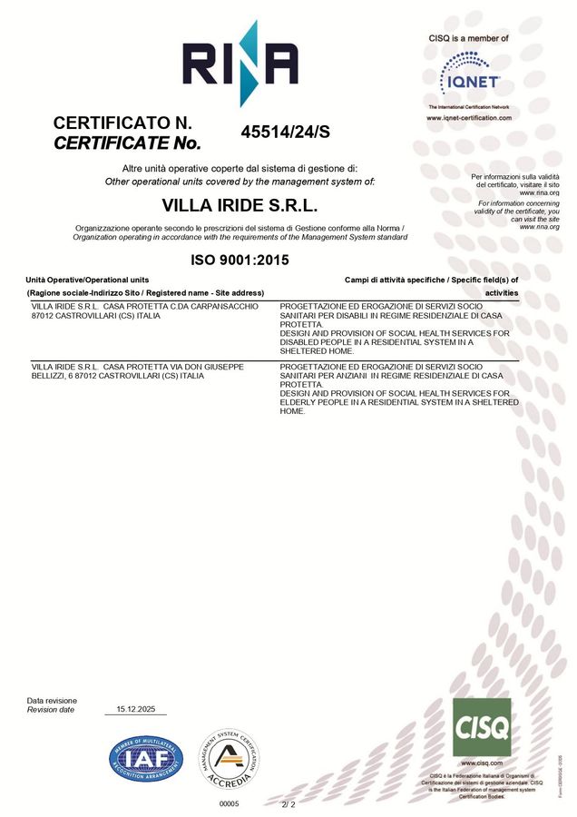 Certificazione RINA ISO 9001:2015 per Villa Iride SRL, con indicazione delle unità operative certificate e della gamma di servizi offerti.