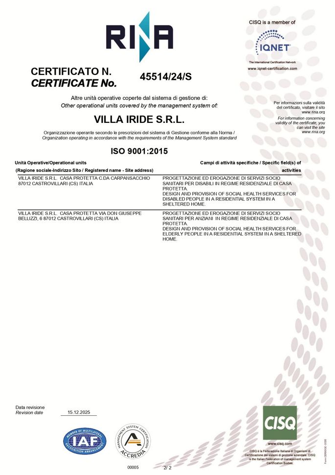Certificato di gestione della qualità ISO 9001:2015 per Villa Iride Srl rilasciato da RINA, con indicazione della sede e dell'ambito di applicazione.